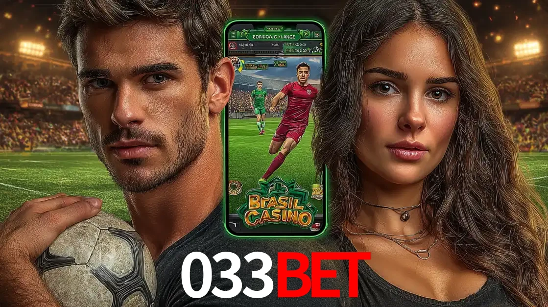 Homem segurando uma bola de futebol e uma mulher ao lado de um smartphone exibindo o jogo de apostas esportivas da 033bet. Faça seu palpite no cassino online.